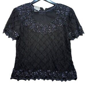 Vintage Stenay Black Beaded Silk Top L Short Sleeve Floral Pattern